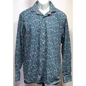 Scott James Button Up Oxford Shirt L Green Blue Floral Long Sleeve Hip Hop Funky